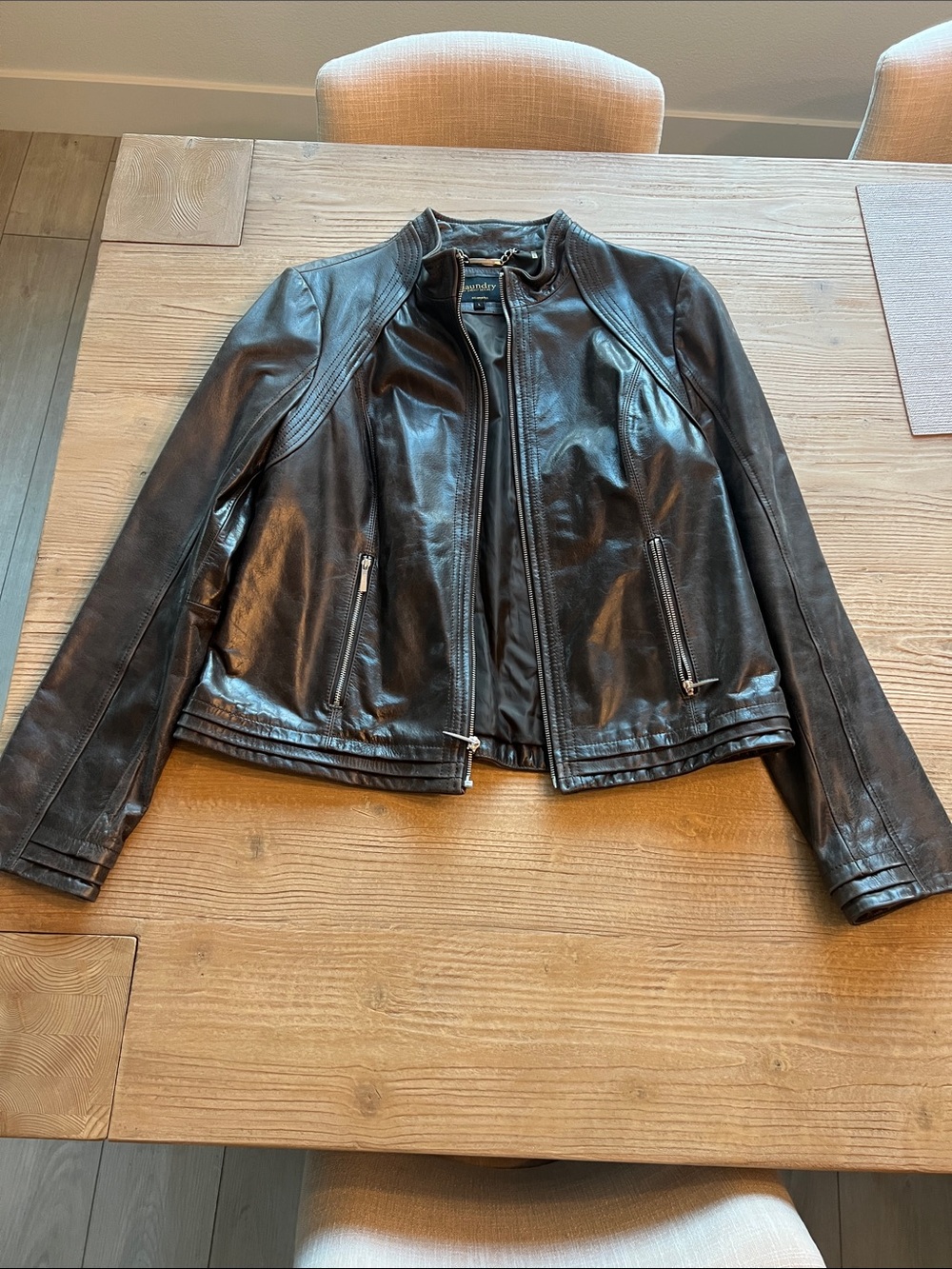 Laundry By Shelli Segal Brown Leather Zip Moto Jacket L